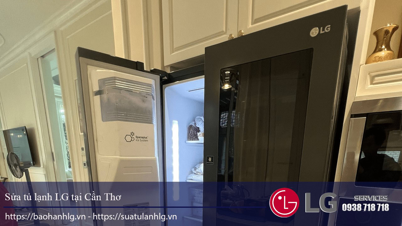 Open LG refrigerator with door ajar showing interior shelves and CoolSpace technology; professional repair service in Can Tho.
