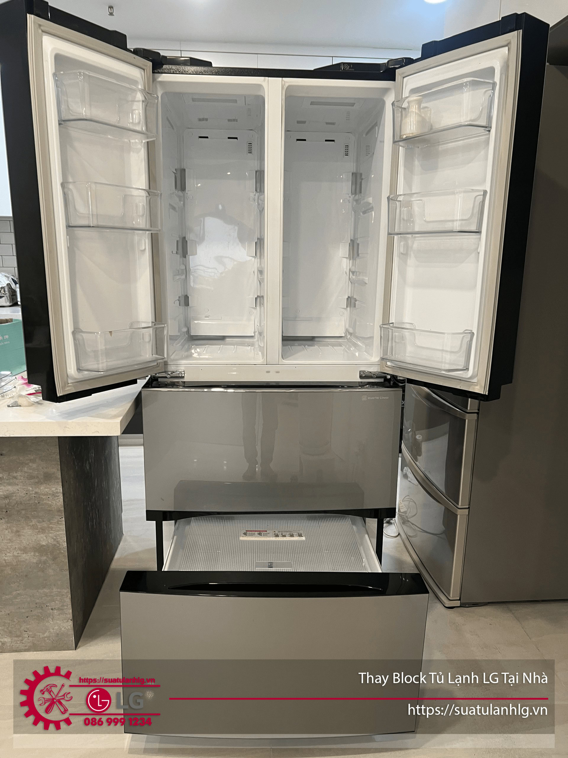 Modern LG refrigerator with open doors showcasing spacious interior and multiple shelves for organized storage. Ideal for replacing or upgrading your LG fridge at home.