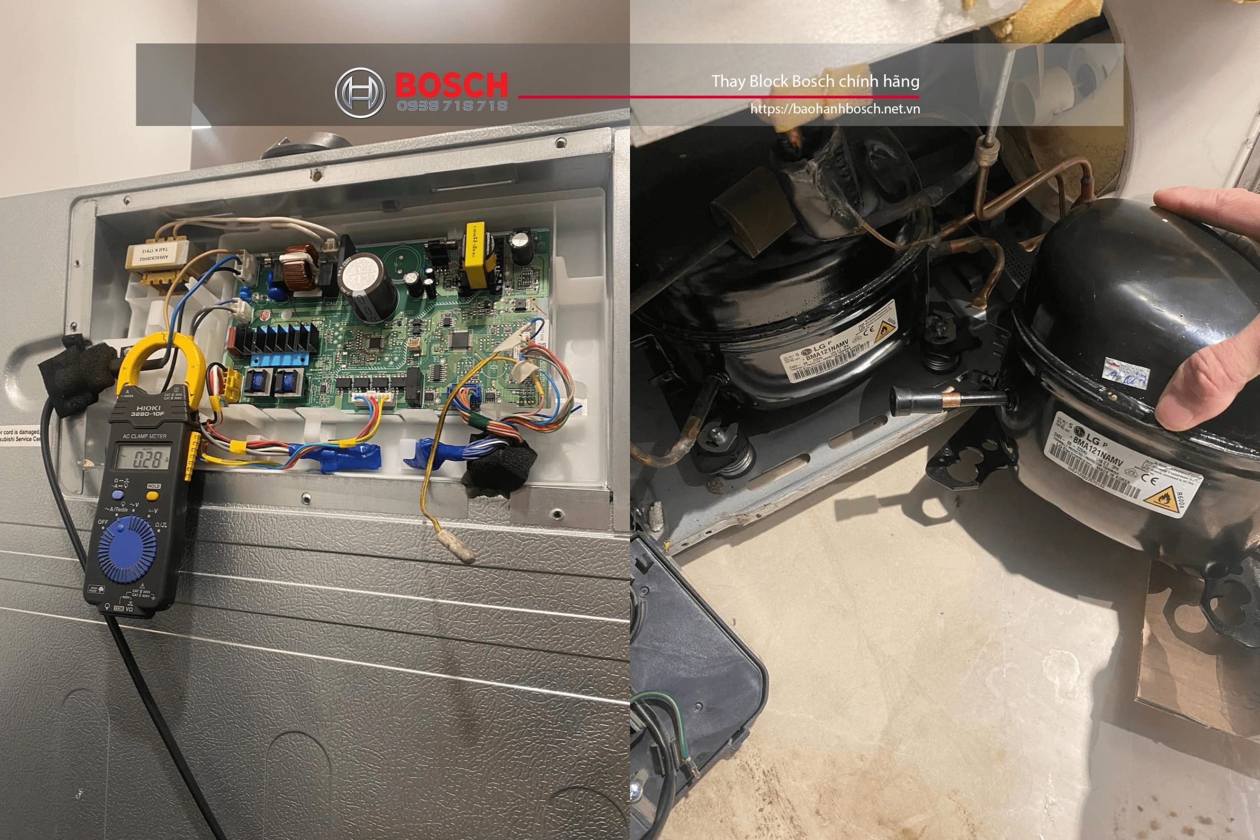Electrical components inside a refrigerator including a circuit board, wiring, and thermostat, with compressor units being repaired or replaced for LG refrigerators.